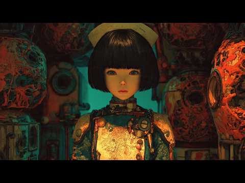 Chrome Doll // 1985 // Porcelain-faced android standing still in a neon alley