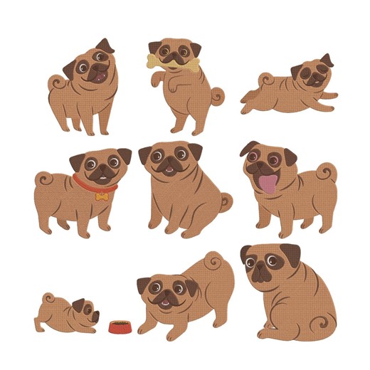 Pug Dog Embroidery Design Bundle, Cute Puppy Embroidery File, Pet Animal Machine Embroidery Pattern, Dog Lover Gift, 5 Sizes