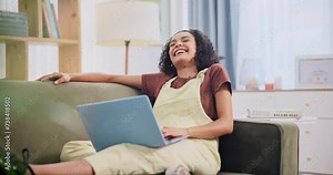 Woman, laughing and relax with laptop on couch for comedy movie, online streaming and internet meme in home. Person, technology and happy for funny video, entertainment and series in lounge of house