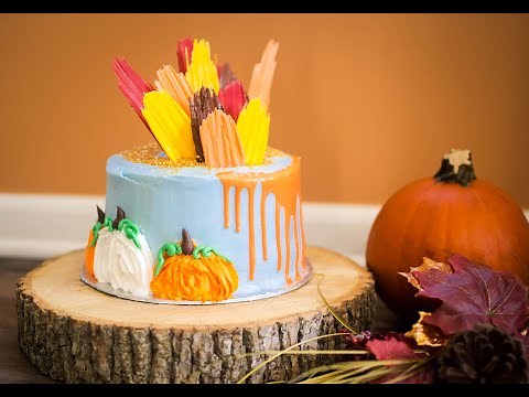Thanksgiving Cake with candy melt decorations, how to make a drip cake