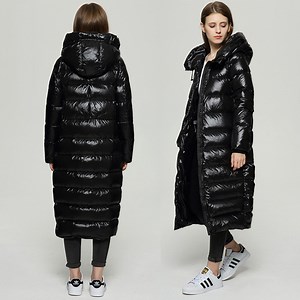 [Hot Item] Winter Women Warm Fashion Long Down Filled Parka Coat Black/Red Lightweight Shiny Puffer Jacket