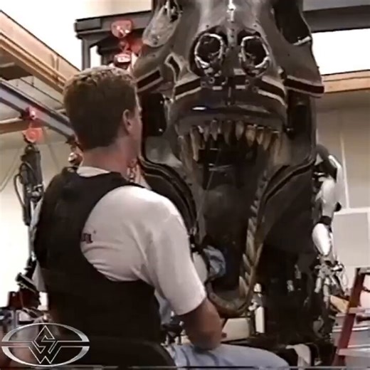 『ロスト・ワールド/ジュラシック・パーク』（1997年）の撮影。T-レックスのアニマトロクスのリアルな動きとそれに耐えるスタントマンが凄い。ジャングリアももうちょっと頑張れたかもね。