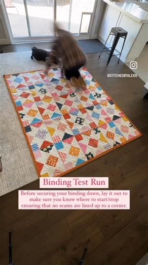 Have you ever done a “binding test run?” Full disclosure this is a new-ish thing for me and my quilting routing but it’s proven to be a lifesaver. Lay out your binding before attaching to make sure seams don’t line up with your corners or your final connection point. And….🐶🐾😂❤️ #quiltdog Happy quilting! . .Credit: stitchedbyalexis ❤️ . #starlingquilt #suzyquilts #quilts #quilter #quilt #sewingproject #quiltingtips #sewinglove #sewingaddict #sewingtutorial #sewinginspiration #maker #makerofins