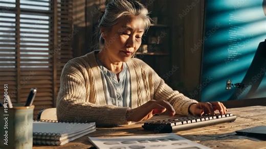 Senior woman works on computer at home desk. Elderly lady typing on keyboard. Senior woman using computer for online work. Focused senior lady working on computer technology. Retirement home lifestyle