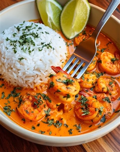 🍤 Spicy Coconut Shrimp Curry with Rice 🍛 Bold, creamy, and irresistible — the best comfort food dinner! 📝 Ingredients: 1 lb (450g) shrimp, peeled and deveined 1 tbsp olive oil 1 tbsp butter 1 onion, finely chopped 3 cloves garlic, minced 1 tbsp fresh ginger, grated 2 tbsp red curry paste 1 can (13.5 oz) coconut milk 1 tsp turmeric powder 1 tsp paprika Salt and black pepper to taste 1 tbsp lime juice 2 tbsp chopped cilantro (for garnish) Cooked white rice (for serving) Lime wedges (for garnish