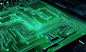 Close-up of an electronic circuit board with a detailed background of a printed circuit board