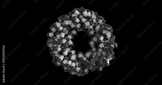 Dozens of 3D coffee cups form a dynamic ring shape, rotating and swirling in a seamless loop. Clean alpha channel overlay, perfect for promos, intros, and transitions in 4K.