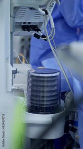 Lung ventilating machine working in the hospital. Life-saving equipment and medical devices in modern operating room. Vertical video.