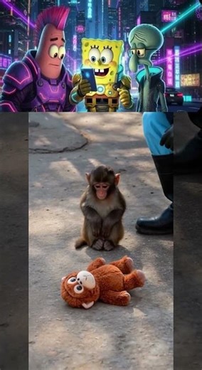 Cyberpunk SpongeBob Cries: Rejected Monkey Finds Comfort 💔🤖🐒 #SadStory#MonkeyLove#Cyberpunk #Shorts