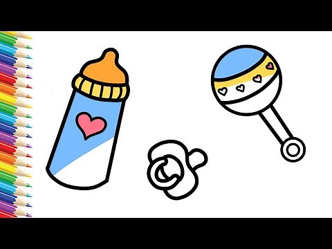 How to Draw a BABY BOTTLE RATTLE and PACIFIER easy for kids