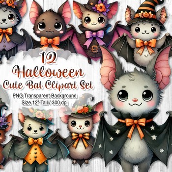 12 Halloween Bat Clipart PNG Set