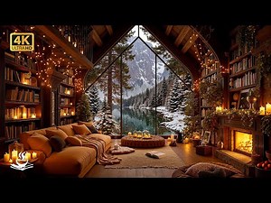 Winter Jazz in a Magical Lakeside Library ❄️ Cozy Reading Escape, Snowy Calm & Warm Fireplace Glow