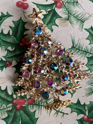 Vintage 70’s AB Rhinestone Christmas Tree Brooch Pin 2 1/4” Gold Tone - Etsy