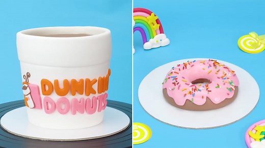 Dunkin’ Donuts Cake Duo: Coffee Cup & Pink Sprinkle Donut Perfection! ☕🍩