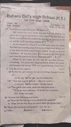 💯 Class 8 English 1st unit test question paper 2024💥class viii | English|2nd unit| #short #shorts