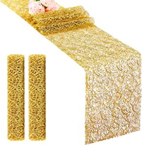 MCEAST 2 Pack Metallic Shimmer Mesh Table Runners 12 x 108 Inches Roll Sequin Mesh Table Runner Polyester Metallic Glitter Table Runner Decor for Wedding, Banquet, Party (Gold)