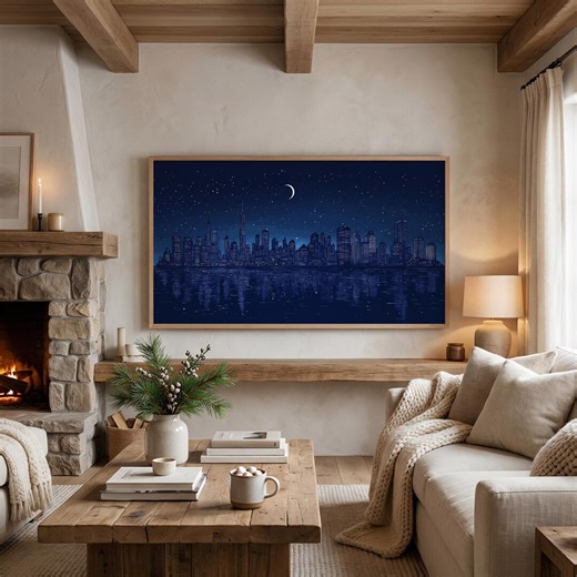 Minimalist City Skyline Frame TV Art, Modern Urban Nightscape, Moody Skyscraper Line Art, Starry Night Decor - Etsy