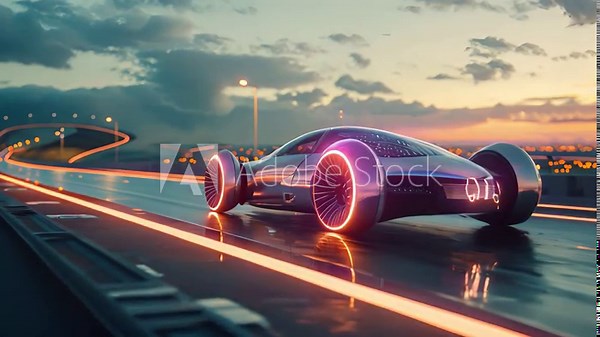 A futuristic car is driving down a road with neon lights. The car is sleek and shiny, and it seems to be moving at a high speed