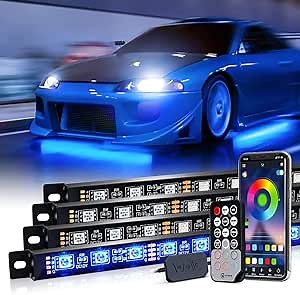 Underglow LED Lights for Cars, Xprite 4 PCS Aluminum Car Underglow Kit with Bluetooth & Wireless Remote Control, 12V 252 LEDs Car Lights Exterior Underbody Strips for Trucks SUV Vans