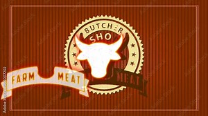 Speed Ramping Of Elements Of Ranch Meat Butcher Shop Design With Trimmed Cardboard Illustration With Male Head In Circular Zigzagged Tag With Classical Texture And Cutted Font And Galaxy vídeo de Stock