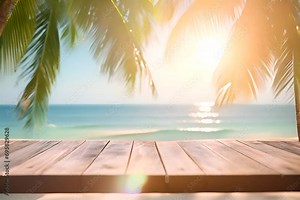 Summer Beach Cafe - Table Counter Top with Sea Waves. Abstract TropicalHoliday Seaside Background. Sunset or Sunrise. Product Mock up Display, Back Drop with Sea and Sky and Sun Beams.