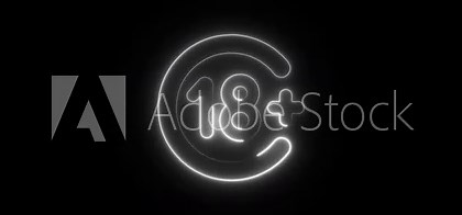 Night bright neon sign, symbol 18 plus.Adult content age limit 18+ neon sign icon 18+ neon sign on the brick wall.