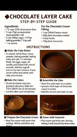🍫 Chocolate Layer Cake – Step-by-Step Guide Ingredients For the Cake • 1¾ cups (220g) all-purpose flour • ¾ cup (75g) unsweetened cocoa powder • 1½ cups (300g) sugar • 1½ tsp baking powder • 1 tsp baking soda • ½ tsp salt • 2 large eggs • ½ cup (120ml) vegetable oil • 1 cup (240ml) buttermilk • 1 cup (240ml) hot brewed coffee • 2 tsp vanilla extract For the Chocolate Cream Filling • 1 cup (240ml) heavy cream • 200g dark chocolate, melted • 2 tbsp butter For Chocolate Ganache • 150g dark chocola