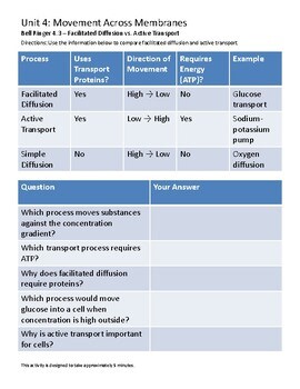 Biology Bell Ringer 4.3 – Facilitated Diffusion vs. Active Transport | Low-Prep