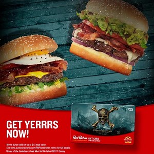 158K views · 299 reactions | Get a FREE* $10 MOVIE TICKET to see Disney’s Pirates of the Caribbean: Dead Men Tell No Tales this Memorial Day when you buy a $25 limited edition gift card. No plank walking required. Just click the link below! #PiratesLife redrobin.com/pirates | Red Robin Gourmet Burgers | Facebook