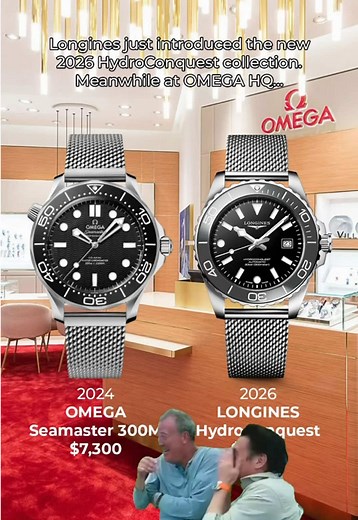 Which would you pick? 👇 First up is the Omega Seamaster Diver 300M 210.30.42.20.01.010, introduced in 2024. It keeps the signature wave dial and classic Diver 300M design, now paired with an aluminium bezel and dial while still powered by Omega’s Master Chronometer movement known for its high precision and resistance to magnetism. Next is the Longines HydroConquest 2026. Longines takes a more straightforward approach with a clean design, reliable automatic movement, and a price that keeps it am