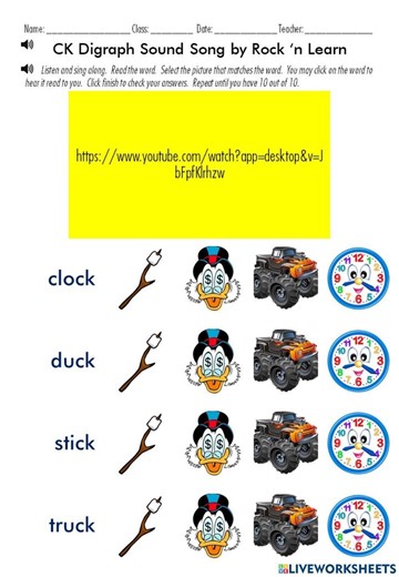 Meet the Digraph CK! - CK Digraph Sound Song by Rock ‘n Learn worksheet
