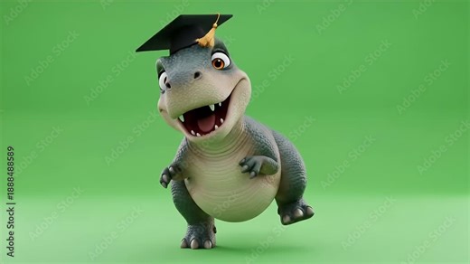Cartoon Apatosaurus Graduate on Green Screen - A 3D cartoon video shows an Apatosaurus wearing a graduation cap.