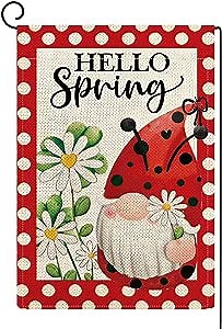 ORTIGIA Hello Spring Garden Flag Ladybug Gnome Burlap Double Sided Vertical 12x18 Inch Spring Daisy Floral Yard Decor Spring Porch Flag Farmhouse Seasonal Outdoor Flag