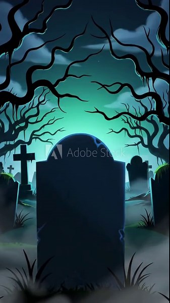 Spooky Graveyard Animated Background - An animated background featuring a spooky graveyard at night. A large blank headstone is the central focus, surrounded by gnarled trees and other tombstones in