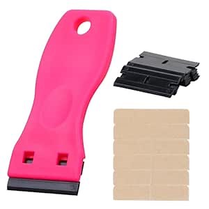 WENNALIFE Tape Remover Scraper Tool Plastic Razor Blade with 10 Replacement Blades & 6 Tape-Tabs Hot Pink Non-Scratch Tape in Extensions tool Adhesive-Remover for Cleaning