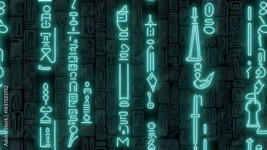 Alien Language Glyphs on Ancient Structure - Futuristic Teal Glowing Symbols on Textured Wall