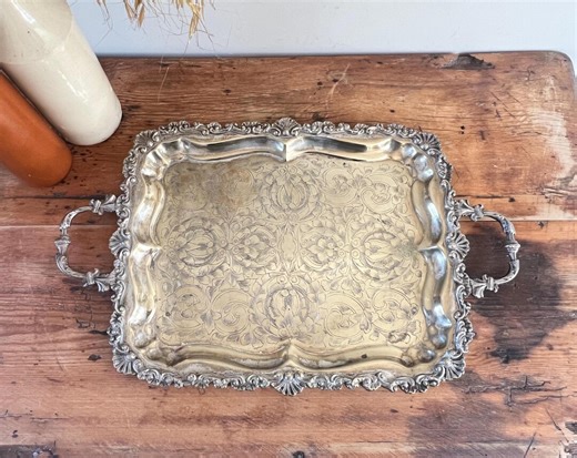 Large Antique Silver Plate Butler’s Tray | Ornate Engraved Serving Tray | Rustic Worn to Brass Patina | Victorian Bar Tray Hollywood Regency - Etsy