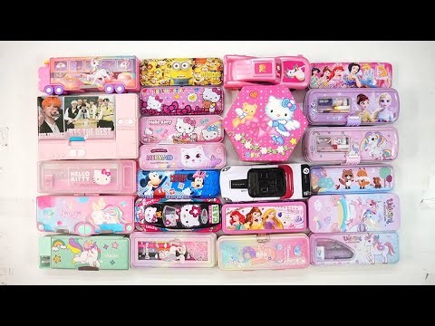 unboxing unicorn pink stationery collection 😁 geometry,hello kitty,pencil box,sharpener,eraser,pouch