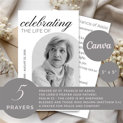 Memorial Prayer Cards | 5 Classic Funeral Quotes | Prayer of St. Francis | Editable Canva Template | Printable Remembrance Cards | VM0011 - Etsy