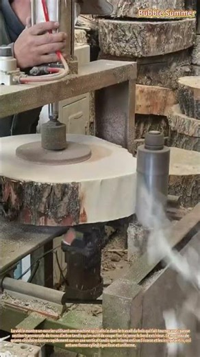 Façonnage de sections de tronc : tournage d'un disque de bois sur un tour