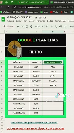 📚📊 Aprenda a filtrar dados dinamicamente no Google Planilhas com a função FILTER! 📊📚Você está cansado de filtros estáticos que limitam suas análises? Não se preocupe, temos a solução perfeita para você: a função FILTER! Com ela, você pode criar filtros dinâmicos que se ajustam automaticamente aos seus dados, economizando tempo e esforço.Neste vídeo, eu, Naim, especialista em Google Planilhas, vou te mostrar como usar a função FILTER para:✅ Filtrar dados com base em vários critérios✅ Criar fi