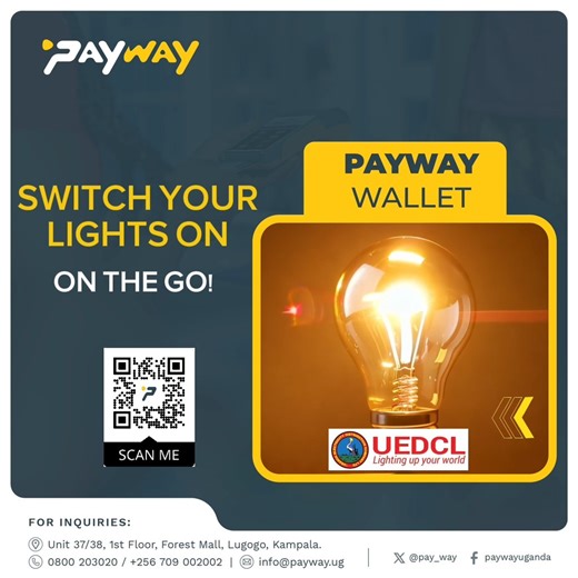 ✨ Switch on the Lights at home with a simple tap in your PayWay Wallet! Load UEDCL Light units in seconds—no queues, no stress. Select UEDCL Light, enter your meter number, choose your amount, and pay with ease. Power on, anytime, anywhere! 💡📲 Learn more: https://zurl.co/2J7tf #PayWay #DigitalPayments #PayWayUganda #PayWayWallet #UEDCLLight | PayWay