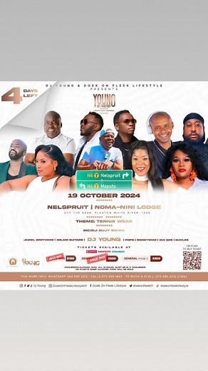 39K views · 451 reactions |  4 Days To Go Young Get Together Nelspruit  Tickets are still available  Nelspruit - 19 October 2024 App: https://doekonfleek.org/event/young-get-together-with-dj-young-friends-nelspruit-9vonag2/ Online: https://computicket-boxoffice.com/e/young-get-together-with-dj-young-friends-nelspruit-gpjC4m | Dj Young | Facebook