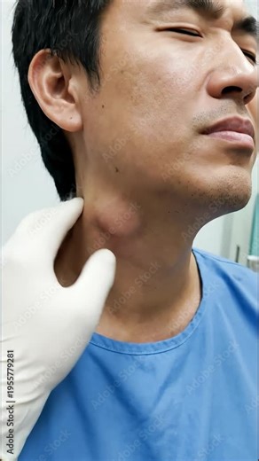 Doctor examining male patient's neck, palpable enlarged lymph nodes causing discomfort, facial expression showing pain, cervical lymphadenopathy, medical diagnosis, health concern