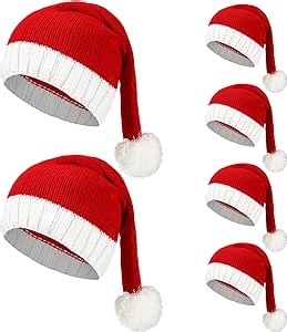 Panitay 6 Pcs Santa Knitted Christmas Hat - Warm Winter Crochet Xmas Skull Cap Stocking for Adult Women Men Teen, Red