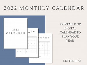 2022 Calendar | Digital Calendar | 2022 Wall Calendar | 2022 Plan | Monthly Calendar | Monthly Printable Calendar - Etsy