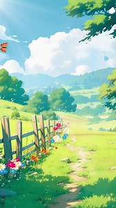Download Anime landscape with a fence and flowers for free