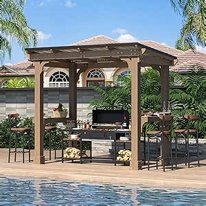 VEIKOU 8’x5’ Grill Gazebo, Patio Gazebo with Hardtop Metal Roof, Rainwater Drainage, Wood Frame, BBQ Gazebo for Barbecue, Backyard, Garden, Light Mocha Brown