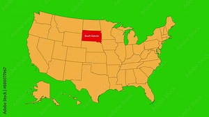 South Dakota map animated video. Map Highlighted on the USA map with animation and colour with Green screen background in video format.