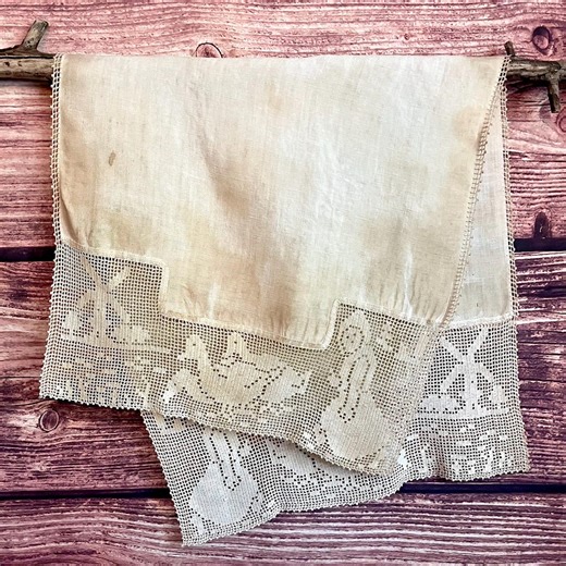 Primitive Coffee Dyed Vintage Table Runner - 19.5" X 41"dutch Lace Trimmed Table Scarf - Grungy Primitive Textile Decor - Vintage Runner - Etsy